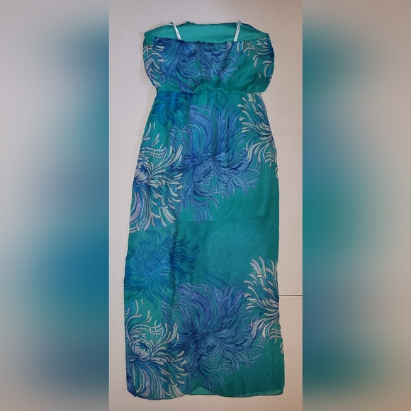 Bisou Bisou Strapless Blue and Teal Big Floral Print High Side Slit Maxi Dress - Picture 3 of 11
